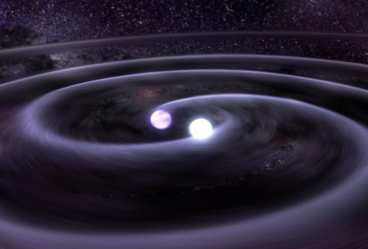 Two dense white dwarf stars orbit each other